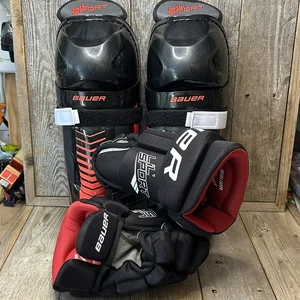 Bauer Lil Sport Youth Hockey Shin Guards Gloves Neck Guard Red Black - Picture 1 of 15