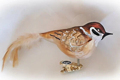 ❀ Spatz Glas Vogel Feld Sperling Feder Lauscha Christbaumschmuck 19cm/9cm 24D - Bild 1 von 4