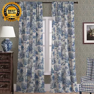 Blue and White Curtains 96 Inches Long for Living Room Set 2 Panels Moderate Bla - Picture 1 of 9