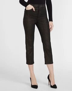 New Express Size 0 Black Super High Waisted Metallic Stretch Straight Crop Jeans - Picture 1 of 6