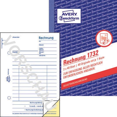 AVERY ZWECKFORM 2x Zweckform Rechnung 1732 A6 selbstdurchschreibend 2x 40 Blatt Formularbuch