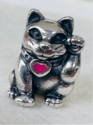 Pandora Plata de Ley 925 Gato de la Suerte Dije Corazón Esmalte Rosa Foto 1 de 4