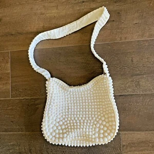 Vintage Beaded white faceted purse shoulder bag Hong Kong zipper 7" bag - Picture 1 of 10
