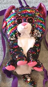 Ty Beanie Boo: Rainbow/Grey Cat Small, As New & Cute Sequined Soft Backpack! 🌈 - Picture 1 of 4