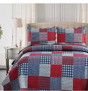 Red Blue Plaid Quilt Set Size Country Patchwork Bedding Full/Queen Blue,red - Picture 1 of 5