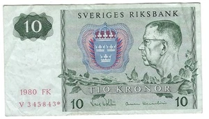 Billete Suecia 10 coronas 1980 P52e.1r. Nota de repuesto - Imagen 1 de 2