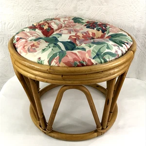 Round Bamboo Bentwood Rattan Ottoman Foot Stool Cushion Boho 19” X 14.5” TIKI - Picture 1 of 8