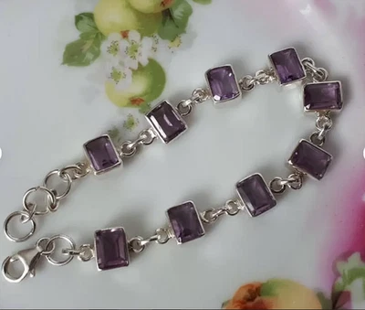 Natural Raw Amethyst women Bracelet 925 Sterling Silver Bracelet Gift For Her — 第 1/4 张图片