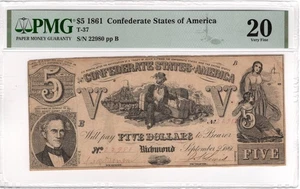 $5 1861 T-37 CSA Confederate States of America PMG VF20 - Picture 1 of 2