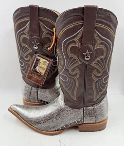 Los Altos Boots Men's Sz 9 Silver Brown Leather Ostrich Snip Toe Western Boot - Picture 1 of 17