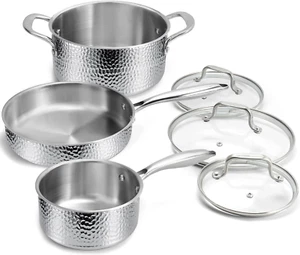 Meythway Pots and Pans Set, 6 Pieces Tri-Ply Stainless Steel Hammered Kitchen Co - Picture 1 of 7