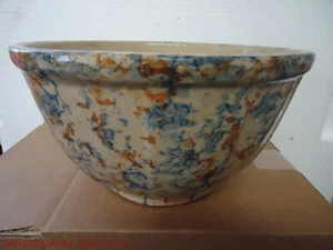 Antique Red Wing Stoneware 9 1/2” Paneled Spongeware Bowl RED Blue # 9 - Picture 1 of 5