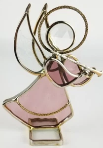 Statuina angelo in vetro colorato trasparente rosa che suona tromba corno vintage prendisole - Foto 1 di 10