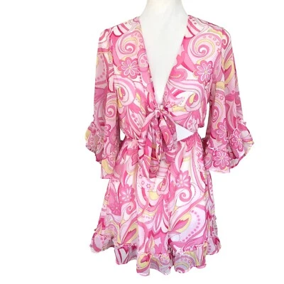 Romper Miami Sexy Floral Decote V Profundo Babado Boho Romântico Hipster Tamanho XS - Imagem 1 de 4