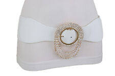 Women Elastic Waistband White Modern Fashion Wide Belt Gold Round Buckle S M