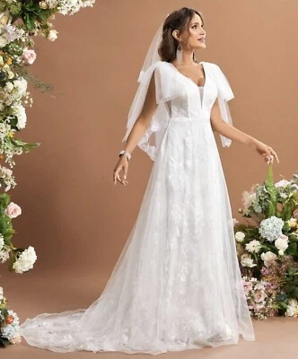 SHEIN Belle Floral Embroidered Bow Mesh Floor Length Wedding Dress size L (8-10) - Image 1 of 4