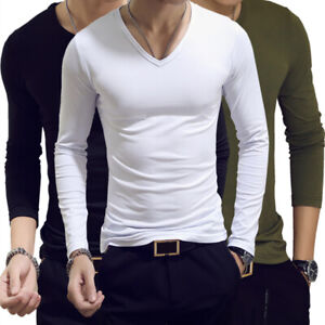 Men Slim V-Neck Long Sleeve Muscle Tee T-shirt Casual Tops Shirts Basic Clothes