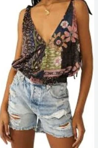 Free People XS Boho Printed Tie-Strap Crop Top Multicolor NWT - Picture 1 of 7