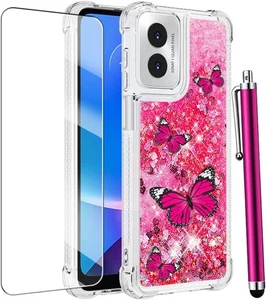 Für Moto G Play 2024 Hülle mit Displayschutz, Glitzer Bling Pink Schmetterling  - Bild 1 von 7