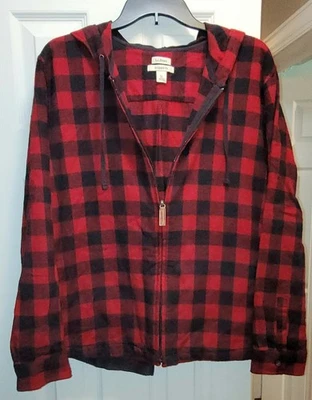 LL Bean Relaxed Fit, Full Zip  Red/Black Plaid Hoodie Women's X-Large XL - Image 1 of 4