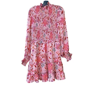 Fate Maxikleid rosa Blumen gesmokt geraffter Ausschnitt Langarm Stufen Rüschen Midi - Bild 1 von 10