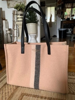 Kate Spade New York PREPPY Stripe Felt Tote Bag Authentic Leather Shoulder Purse - Image 1 of 4