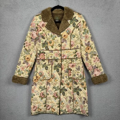 Anthropologie Fei Coat Womens 8 Green Floral Tapestry Sherpa Lined Bloomcore - Image 1 of 4