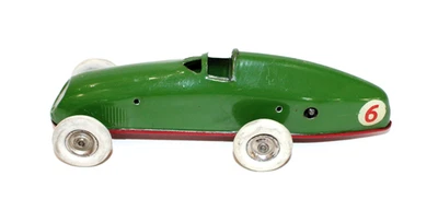 Coche de carreras Tri-ang Minic 13M cuerda hojalata #6 verde funciona cabina abierta de preguerra Foto 1 de 4