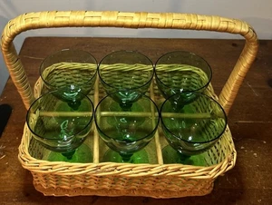 6 Jade Grün Urlaub Cocktail Dessert Kugel Stiel Gläser Weide Caddy Korb - Bild 1 von 12