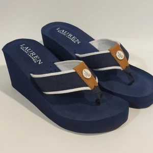 Lauren Ralph Lauren marineblau Keilabsatz Flip Flops Sandalen Größe 6B RL Logo Plateau 3" - Bild 1 von 10