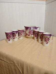 Vintage Dresden China Lemonade Pitcher & 6 Cups with Purple Grapes - Picture 1 of 17