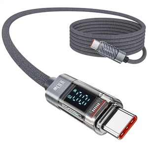 USB-C 100W Charging Cable – LED Screen, PD 5A, Nylon Braided, 6.6FT - GREY - Picture 1 of 6