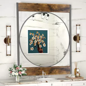 Round Wall Mirror w/ Rectangular Frame for Bathroom Living Room Entryway Bedroom - Picture 1 of 12
