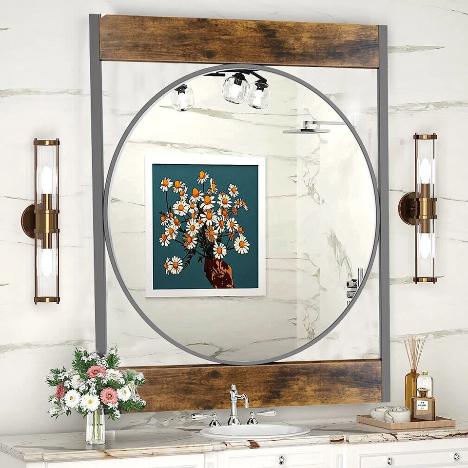 Round Wall Mirror w/ Rectangular Frame for Bathroom Living Room Entryway Bedroom - Image 1 of 4