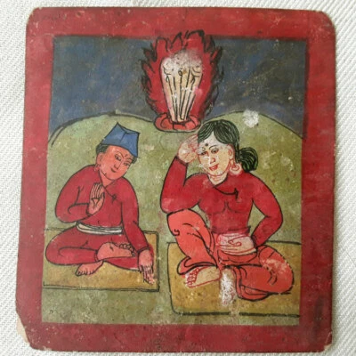 PINTURA ANTIGUA PEQUEÑA TIBETANA THAKLI TRIPLE GEMA TAMANG PAREJA ESCRITURA Foto 1 de 3