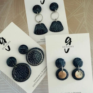 Statement Earrings - Clay - Handmade - NAVY CLASSICS - Navy Silver Gold - Res... - Picture 1 of 13