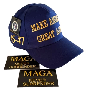Trump...OFFICIAL.Gold / Navy Blue MAGA Hat... 45-47 + 2 Decals...LIMITED EDITION - Picture 1 of 5