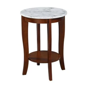 Convenience Concepts End Table Round Modern Design White Faux Marble + Espresso - Picture 1 of 7