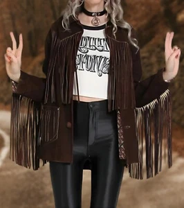 Women Suede Leather Western Style Jacket - Long Fringe Cowgirl Coat - Picture 1 of 4