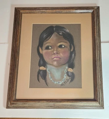 Retrato de niña nativa americana pastel años 70 de colección suroeste indio enmarcado firmado  Foto 1 de 4