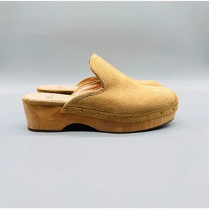 J Crew Shoes Womens 8 Brown Tan Suede Mules Slip On Wooden Sudded Casual Clog - Picture 1 of 12