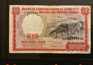 MALAYA & BRITISH BORNEO 10 Dollars 1961  A/14 577128, Circulated. - Picture 1 of 2