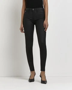 River Island Womens Skinny Jeans Black Molly Coated Mid Rise Trousers Bottoms - Picture 1 of 9