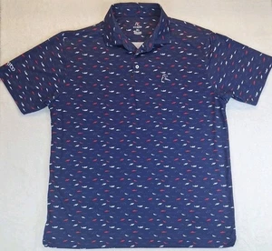 Rhoback Performance Golf Polo Shirt Navy Blue Shark AOP Men’s XL Branded Sleeve - Picture 1 of 10
