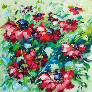 Original Ölgemälde Gänseblümchen Honigbiene Wildblumen Kunstwerk Floral Wandbild 8*8 Zoll - Bild 1 von 12