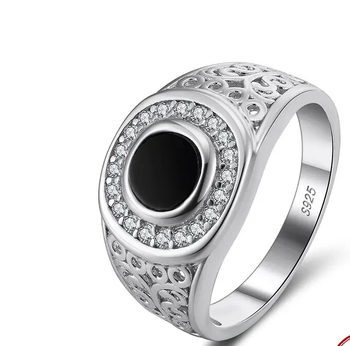Anillo estilo vintage para hombre esmalte negro y moissanita en plata de ley 925 maciza Foto 1 de 4