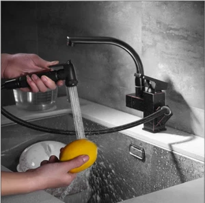 Swivel Kitchen Faucet With Pull Out Spray,Deck Mount Oil Rubbed Bronze Mixer Tap - Picture 1 of 7