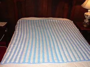 Handmade Handcrafted Crochet Afghan Throw Blanket Blue and White 65 x 67 inches - Picture 1 of 6