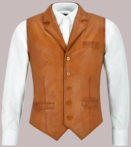 Men's TAN Lambskin Leather Waistcoat Western Style Cowboy Gilet Vest Coat - Picture 1 of 9