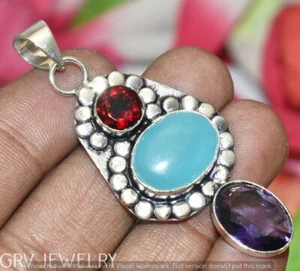 Chalcedony Amethyst Garnet Gemstone Pendant U279-A102 - Picture 1 of 1